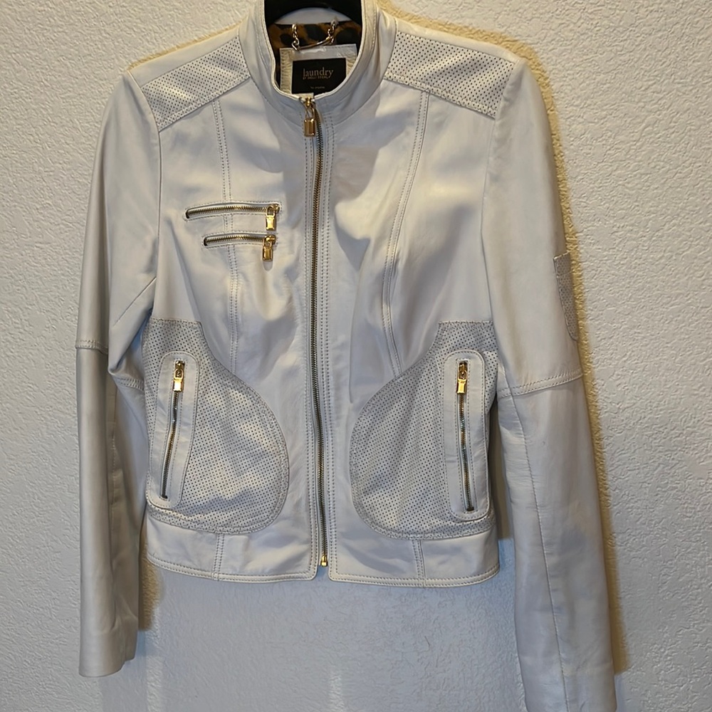 White & Gold Leather Jacket - Laundry by Shelli Segal